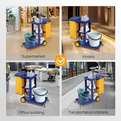 TUFFIOM Commercial Traditional Cleaning 3-Shelf Janitorial Cart, 500 Lbs Capacity Housekeeping Cart, Wheeled with Yellow VinylBag and Cover w Lid, Blue, - color: Blue
