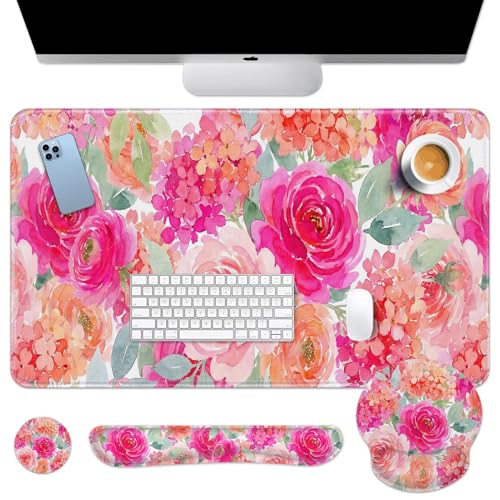Arttown Keyboard Mouse Pad Set, 4 in 1 Desk Mat Set Floral Peony - color: Pink Flowers