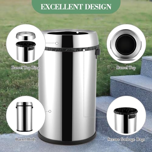 GarveeHome 65L/17 Gal Commercial Trash Can, Round Open Top Waste Bin, Large Stainless Steel Garbage Can, Outdoor Trash Bin with Wide Open and Dual Side Handle Design, for Office Bedroom Restaurant - style: Wide Open with Handle