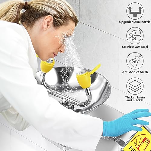 304 Stainless Steel Eye Wash Station, Wall-Mounted Emergency Eye Washer- Multifunctional Nozzle, OSHA Approved, Eyewash Kits & Enlarged Basin