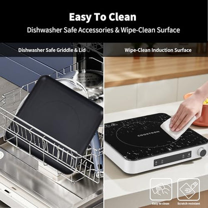 COOKTRON Portable Induction Cooktop with Griddle Pan, 1800W, Silver - size: Single Induction Cooktop with Grill Pan