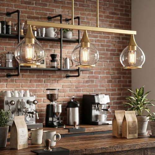 Phaosio Brushed Gold Kitchen Island Linear Pendant Light, 3-Light, E26 Base - color: Gold, size: 3-Light