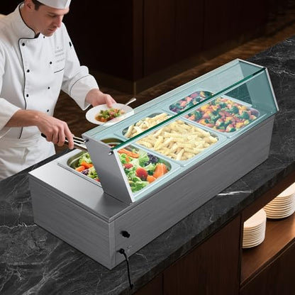 VEVOR Commercial Food Warmer, 1500W Electric Stainless Steel Steam Food Warmer with Glass Cover, 3-Pan Countertop Buffet Bain Marie with Soup & Perforated Ladles, for Catering, Restaurant & Party - size: 36.22 x 14.37 x 15.16 in