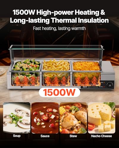 VEVOR Commercial Food Warmer, 1500W Electric Stainless Steel Steam Food Warmer with Glass Cover, Countertop Buffet Bain Marie with Three 1/2 Size Food Pans, for Catering, Restaurant, Party & Buffets - size: 3*1/2Pan