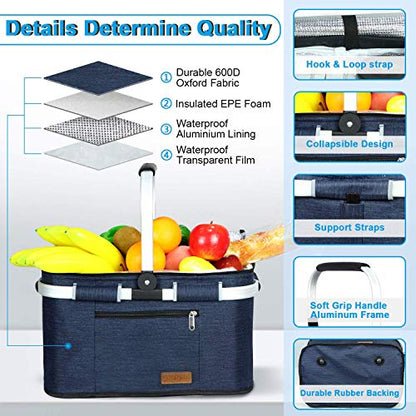 LIQING 35L Large Picnic Basket 2 Layers of Internal Pockets Leak-Proof and Insulated ，Folding with Internal Support for enhansed Stability, Wedding Gifts for Couple(Navy Blue) - color: Navy Blue