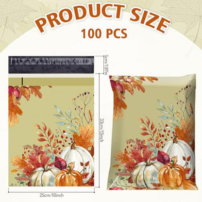 JarThenaAMCS 100Pcs Fall Poly Mailers 10 x 13 Inch Watercolor Autumn Pumpkin Packaging Bags Self Seal Mailing Envelope Bags for Harvest Thanksgiving Small Business Clothing Gift - style: fall pumpkin