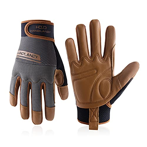 HANDLANDY Leather Work Gloves Mens & Women, Utility Safety Mechanic Working Gloves Touch Screen, Flexible Breathable Yard Work Gloves (XXL, Brown-Cowhide Palm) - color: Brown (1 Pair), size: XX-Large