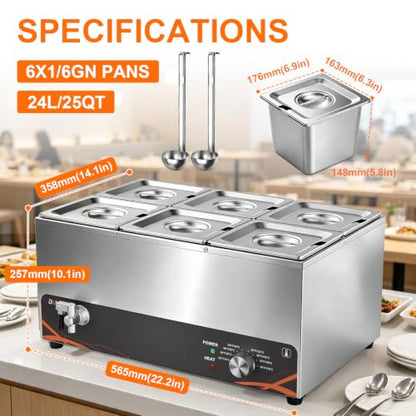 Commercial Food Warmer 6 Pan, 25QT Stainless Steel Bain Marie 1500W - size: 6 Pans
