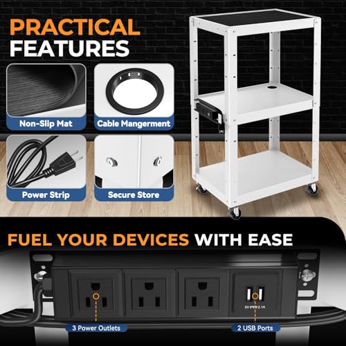 Auto Dynasty Adjustable AV Cart w/Power Strip, 4 ft Rolling Stand, White - color: White