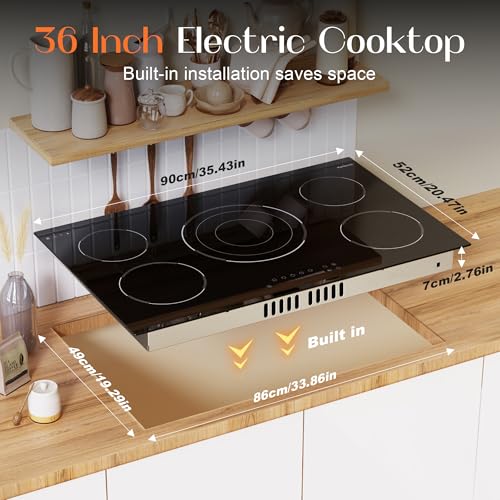36 Inch Electric Cooktop, 5 Burner Electric Cooktop Bulit in, 9200W, 9 Power Levels, Electrics Stove with Timer, Safety Lock, Pause, 220V-240V Hard Wire - size: 36 Inch 5 burner D59254