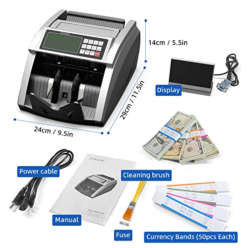 PONNOR Money Counter Machine with Value Bill Count, Cash Counter for Dollar, Euro with UV/MG/IR/DD/DBL/HLF/CHN Counterfeit Detection, Add/Bat/Value Mode Bill Counting Machine with Large LCD Display