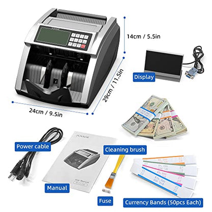 PONNOR Money Counter Machine with Value Bill Count, Cash Counter for Dollar, Euro with UV/MG/IR/DD/DBL/HLF/CHN Counterfeit Detection, Add/Bat/Value Mode Bill Counting Machine with Large LCD Display