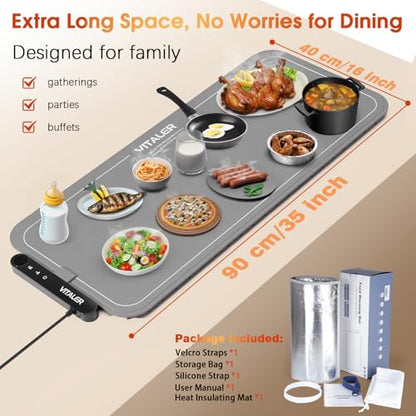 Warming Mat for Food, (XXL 35”x16”) Electric Warming Trays, Upgrade Graphene Fast Full-Surface Heating Mat for Food with 6 Level Temp, 6 Hours Timer, Food Warmer Pad with Heat-Insulating Mat - color: Gray