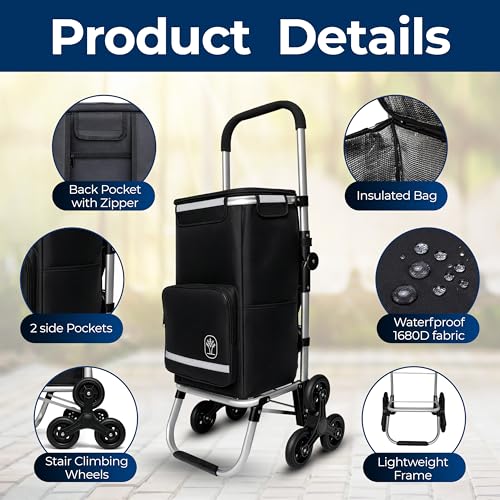 Foldable Stair Climbing Shopping Cart with Wheels – 3-in-1 Grocery Trolley, Backpack & Hand Truck – Lightweight Aluminum Frame, Waterproof Insulated Bag, Side Pockets – Cart for Groceries & Laundry