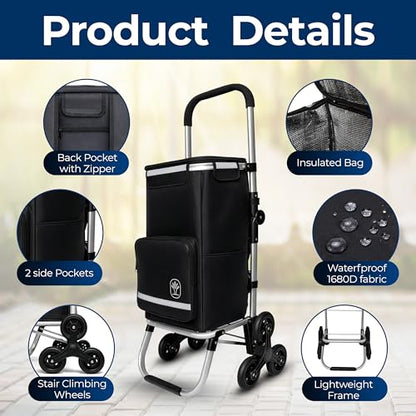 Foldable Stair Climbing Shopping Cart with Wheels – 3-in-1 Grocery Trolley, Backpack & Hand Truck – Lightweight Aluminum Frame, Waterproof Insulated Bag, Side Pockets – Cart for Groceries & Laundry