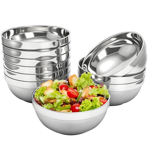 yarlung 10 Pack Stainless Steel Bowls 6.3 Inch Snacks Bowls, 25 Oz Soup Bowls Lightweight Salad Bowls Double-walled Metal Serving Dishes for Sauces, Noodle, Ice Cream