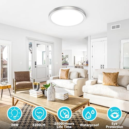 libtit 12 inch Flush Mount LED Ceiling Light Fixture, 3000K 4000K 6500K Adjustable, 28W 3200lm Brushed Nickel Satin Round Ceiling Lamp for Bathroom Hallway Kitchen Bedroom, 2 Pack - color: Brushed Nickel, size: 12in-2Pack