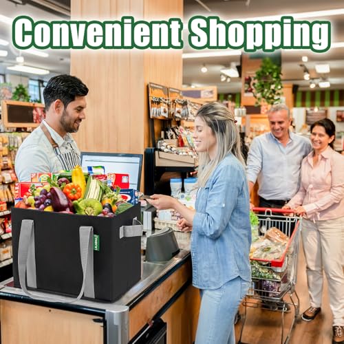 Reusable Grocery Bags (3 Pack ) - Heavy Duty Eco Tote Bags with Box Shape to Stand Up, Hold Up to 65 Lbs - Stay Open & Fold Flat - Foldable Reusable Shopping Bags with Long Handles & Hard Bottom - color: Black