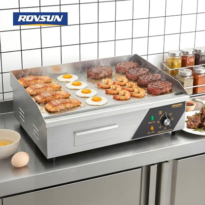ROVSUN 22" Electric Griddle, Electric Countertop Half Flat Top Griddle, 1600W Grill Stainless Steel with Adjustable Temperature Control 122°F-572°F for Commercial Home Restaurant, Plug - size: 22"