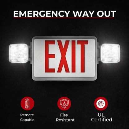 Double Sided LED Emergency EXIT Sign, Remote Capable, Two LED Flood Lights, Backup Battery, US Standard Red Letter, Commercial Grade, 120-277V, FireResistant(UL 94V-0) (1 Pack) - size: 1 Pack
