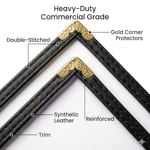 Restaurant Menu Covers 8.5 x 11 – Black Faux Leather Menu Holder with Gold Corners, 2 Pages 4 Views, Waterproof Menu Covers for Restaurants, Cafes & Bars