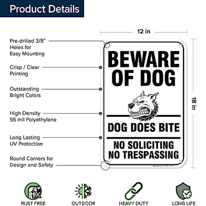 Beware of Dog, Dog Does Bite No Soliciting No Trespassing Sign, 12x18 - size: 12x18 - Polyethylene