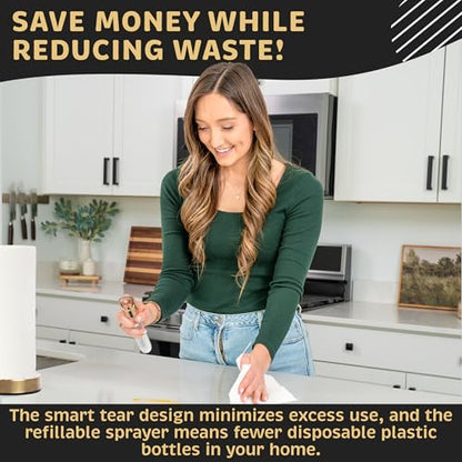 Stainless Steel Paper Towel Holder with Spray Pump – One-Handed Tear, Smart Traction System with Heavy Duty Suction Cups (Gold, Spray Pump) - color: Gold