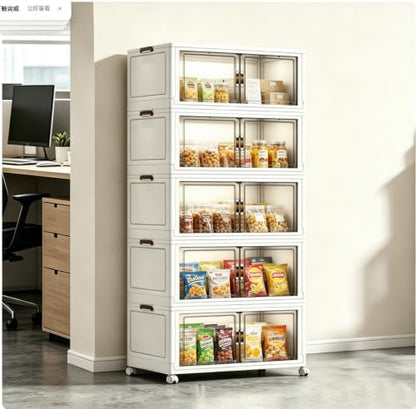 5‑Pack Foldable Stackable Storage Boxes, 356.6 QT Organizer Container with Magnetic Doors & Wheels for Home, Garage, Office (23.62" W x 14.02" D x 66.93" H) - size: 5PACK-23.62"W14.02"D66.93"H