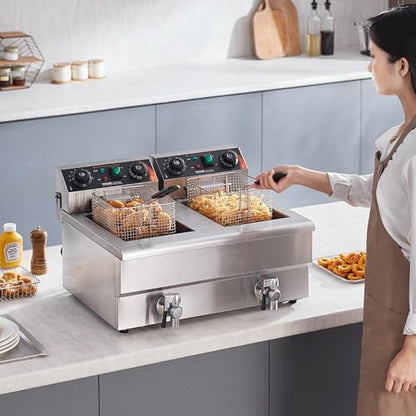 VEVOR Commercial Deep Fryer, Dual Tank 3000W Electric Countertop Fryer with Basket, 2 x 11.6Qt/11L Double Stainless Steel Oil Fryer with Drain, Time & Temp Control, for Kitchen Restaurant Use - size: Double Fryer, style: Upgraded with Timer & Oil Filtrati