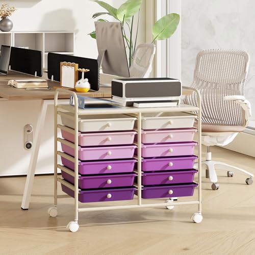 RELAX4LIFE 12-Drawer Rolling Storage Cart - Mobile Utility Cart on Wheels for School Classroom Teacher Office Salon, Paper File Art Supply Craft Organizer, Rolling Cart with Drawers (Gradient Purple) - color: Gradient Purple, size: 24.5''