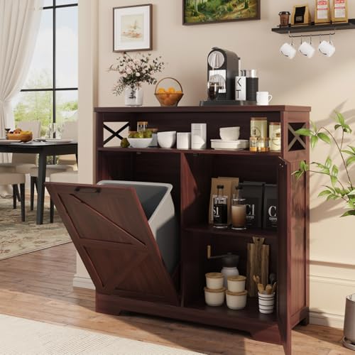 Tilt Out Trash Can Cabinet for 13 * 1 Gallon Trash Can, Farmhouse Kitchen Island Cabinet with Adjustable Shelf for Hidden Laundry Basket, Dog Proof Garbage Can for Dining Living Room, Dark Brown - color: Dark Brown, size: 1 x13 Gallons