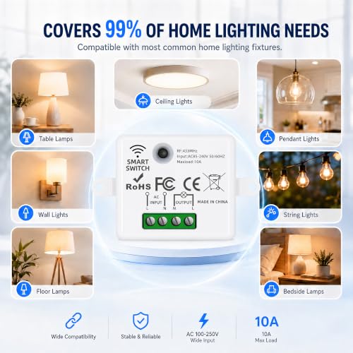 Wireless Light Switch Kit, 10A RF Remote, 2 Switches, 10 Receivers
