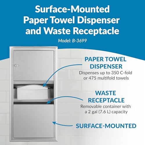 Bobrick B-3699 Paper Towel Dispenser & Waste Receptacle, Surface-Mounted