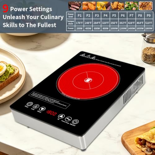 Single Burner Electric Cooktop,110V 1800W Electric Stove Top with LED Touch Control,9 Power Levels, 3 hTimer, Safety Lock, portable cooktop Overheat protection - size: Single Burner Electric Cooktop