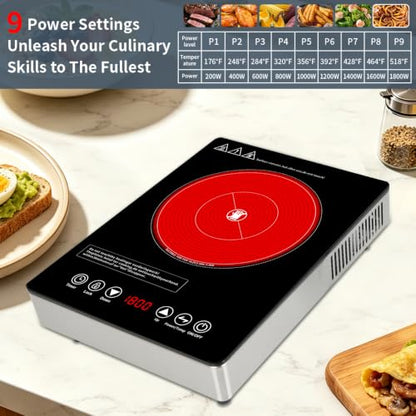 Single Burner Electric Cooktop,110V 1800W Electric Stove Top with LED Touch Control,9 Power Levels, 3 hTimer, Safety Lock, portable cooktop Overheat protection - size: Single Burner Electric Cooktop
