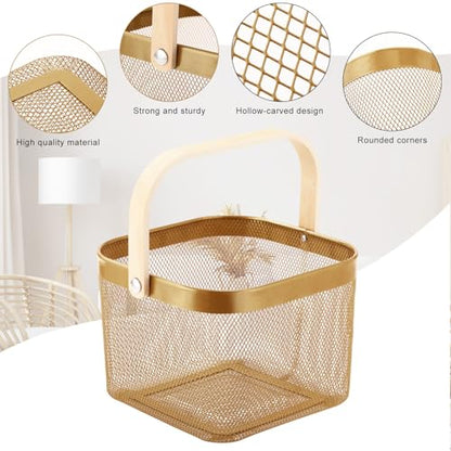 Roshtia 6 Pcs Metal Mesh Basket with Handle, Fall Halloween Garden Basket - color: Gold, size: 9.65 x 9.65 x 7.09 Inch