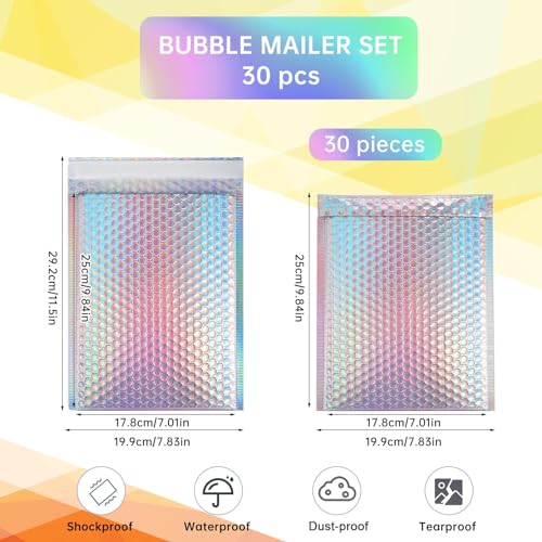 30 Pcs Metallic Bubble Mailer,Poly Padded Envelopes,Waterproof Self Seal Adhesive Shipping Bags,Foil Glitter Glamour Shipping Mailer,Holographic Cushion Envelopes for Mailing,Small Business