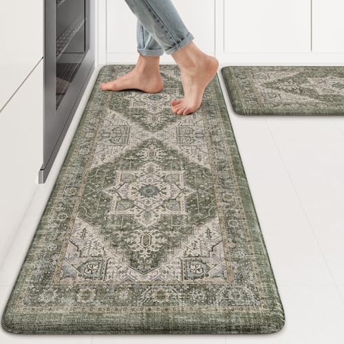 KIMODE Anti Fatigue Mats for Kitchen Floor, Green Distressed Kitchen Rugs - color: Green/Multi, size: 17.3" x 47 "+ 17.3" x 29 "--0.47 inches