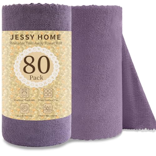 Jessy Home 80 Pack Microfiber Cleaning Cloth Roll Reusable Paper Towels 12"x12" Tear Away Cloth, Microfiber Towels for Cars, Wash Cloths, Lint Free Rags for House, Kitchen,Window,Cleaning Supplies - color: Dark Purple