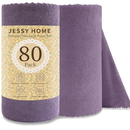Jessy Home 80 Pack Microfiber Cleaning Cloth Roll Reusable Paper Towels 12"x12" Tear Away Cloth, Microfiber Towels for Cars, Wash Cloths, Lint Free Rags for House, Kitchen,Window,Cleaning Supplies - color: Dark Purple