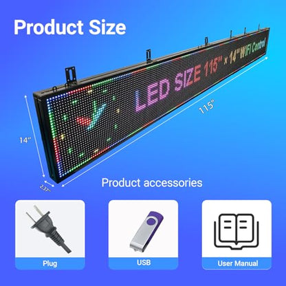 P10 Outdoor Programmable LED Sign 115"x14", WiFi+USB Control Scrolling LED Open Sign,High Brightness Waterproof Electronic Custom Text Message Board for Business Advertising Store Restaurants - size: P10 115''×14"×2'' Outdoor& Indoor
