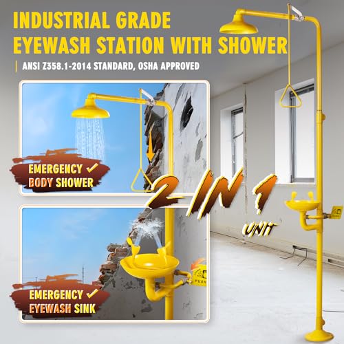 CGOLDENWALL Emergency Shower Eye Wash Station Combination Eye Wash Station with Shower, NPT Thread, with Emergency Sign, 304 Stainless Steel+Yellow Coating - color: 304 Stainless Steel + Yellow Coating