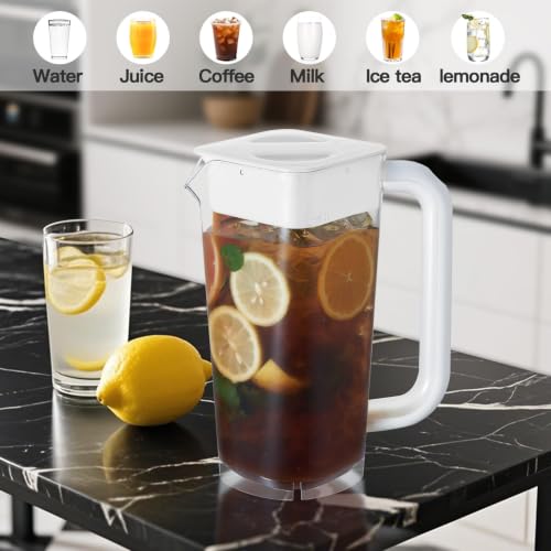 CURTA 2 Pack Plastic Pitcher with Lid, 2L Heavy-Duty Shatterproof Pitchers Clear Water Pitcher with Handle for Lemonade, Coffee,Iced Tea, Milk, Juice, Beverages - color: White & White
