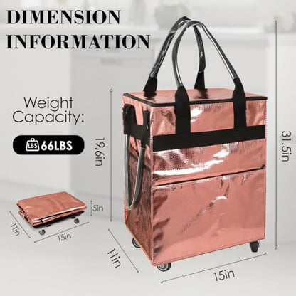 Reusable Grocery Bag on 4 Swivel Wheels, 60L Large Rolling Tote Bag - color: Pink