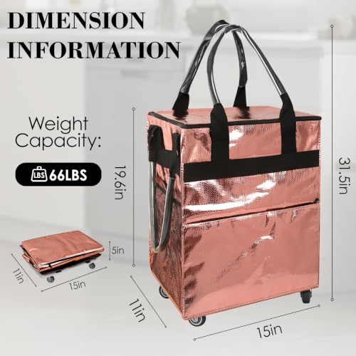 Reusable Grocery Bag on 4 Swivel Wheels, 60L Large Rolling Tote Bag - color: Pink