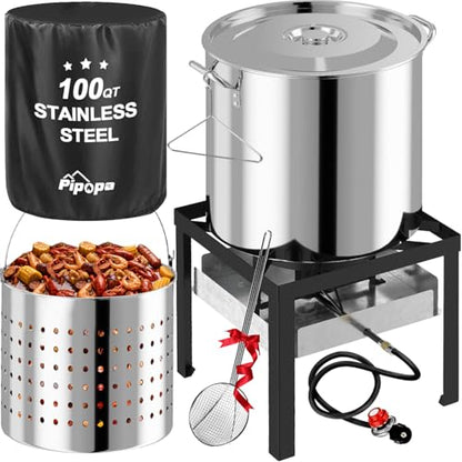 100QT Crawfish Boiler | Stainless Steel Seafood Boil Pot with Basket - size: 100QT+Cover+Skimmer