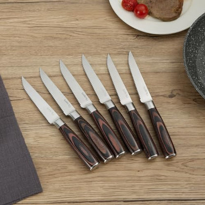 Steak Knives Set, 6/8/14 Piece Options, German High Carbon Stainless Steel, 5cr15MoV steel, Wood Handle,Full Tang Design,serrated Meat Knife, Sharp Dinner Knives (14PCS)