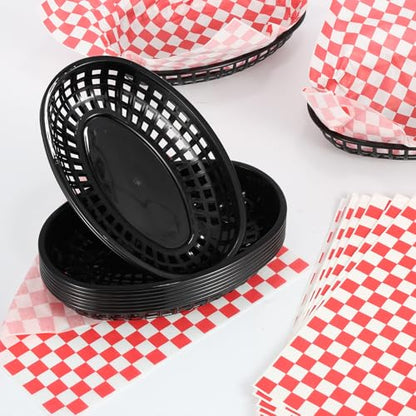 Rainmae Plastic Food Baskets with Deli Liners, 12 Fast Food Baskets, Oval Tray and Liners Reusable Chip Basket for Burgers, Sandwiches, Snacks, Candy Fruits, Restaurant Tray - Red Style - color: Black(12 Pcs+100 Red Deli Paper）