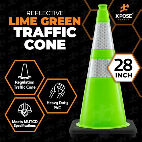 Xpose Safety 28” Lime Green Traffic Cone Dual 6" & 4" Reflective Collar - color: Lime, size: 28" 7lb. Cone
