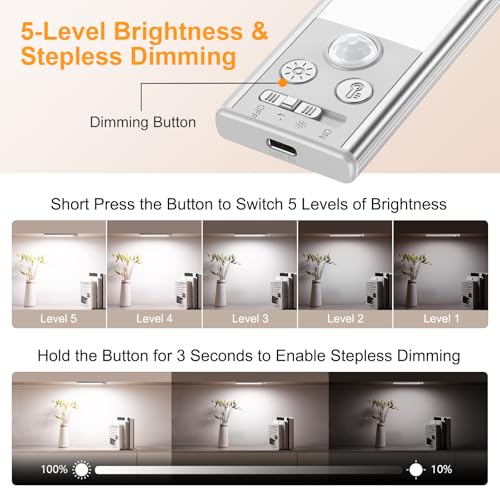 Gritin 10.2inch Under Cabinet Lighting Rechargeable 2 Pack - color: Silver, size: 10.2 inch